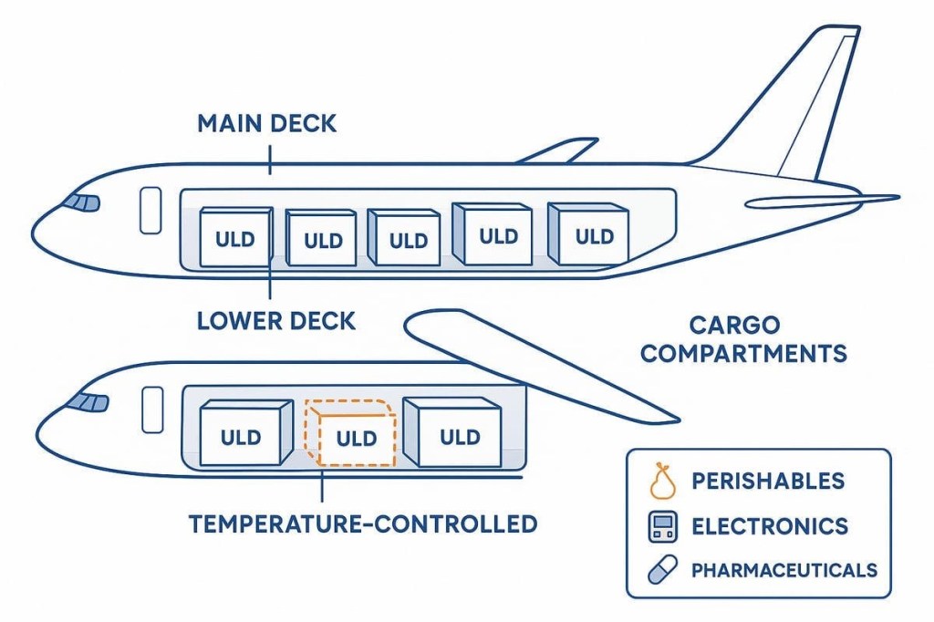 Main deck and lower deck cargo compartments